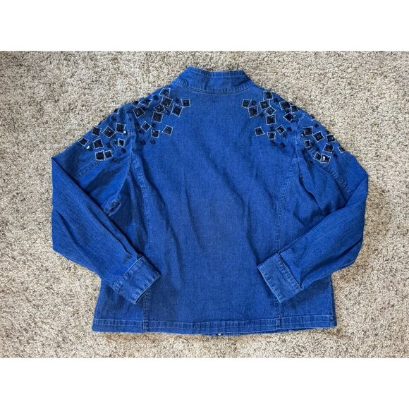 BOB MACKIE Blue Denim Full Zip Jacket Top Beaded Rhinestone Artsy Pockets LARGE - Picture 2 of 11